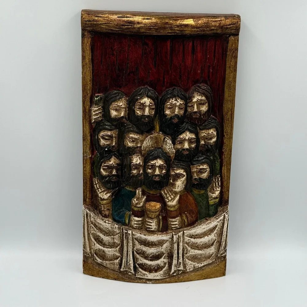 Vintage The Last Supper Relief Wood Carving Wall Sculpture Religious Folk Art